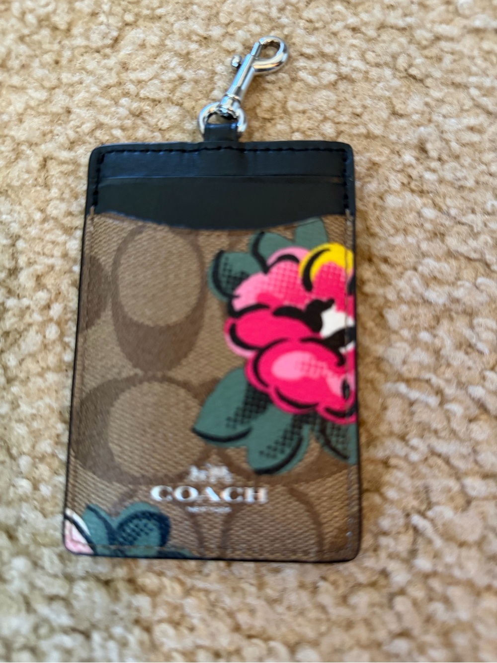 Coach Brown Signature Floral Card Holder with Pink Accent